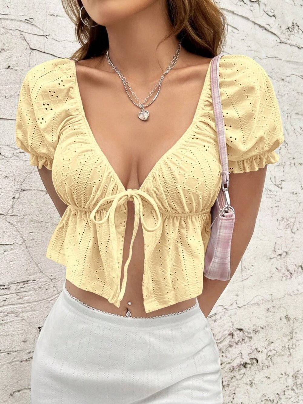 Yellow Casual Women's Eyelet Tie Front Puff Sleeve Peplum Tee